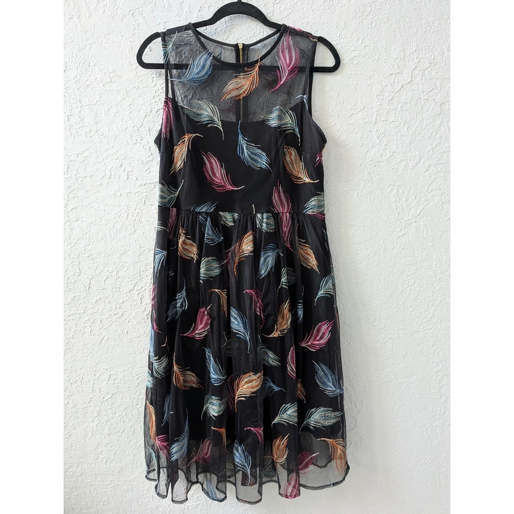 Calvin Klein Y2K Black Mesh Feather Embroidered Women 10 Fit & Flare Whimsigoth